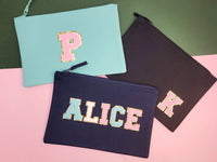 Thumbnail for Personalized Varsity Letter Patch Makeup Bag, Chenille Patch Pouch, Preppy Bridesmaid gifts, Bridal shower, bride cosmetic bridal party