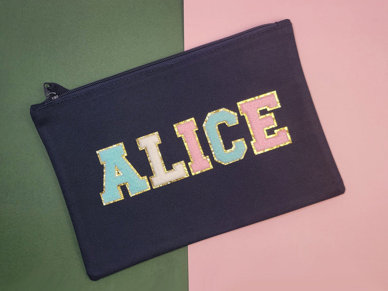 Personalized Varsity Letter Patch Makeup Bag, Chenille Patch Pouch, Preppy Bridesmaid gifts, Bridal shower, bride cosmetic bridal party