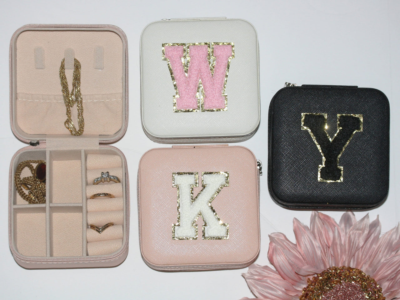 Personalized Travel Jewelry Box, Custom Jewelry Organizer Case, Bridesmaid Proposal Gift, Small Faux Leather Box with Varsity Chenille Patch