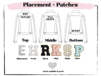 Thumbnail for Personalized Mrs. White Denim Jacket with pearl and rhinestone patches Custom Mrs. Jacket Denim bride jacket Varsity Chenille Letter Patches