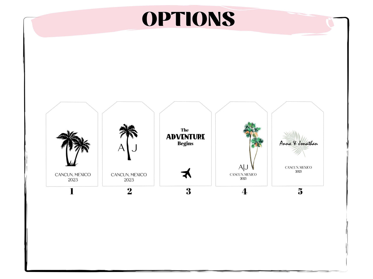10 Destination Wedding Favors Luggage Tags Personalized Party Favors for guests in bulk beach tropical the adventure begins palm tree plane