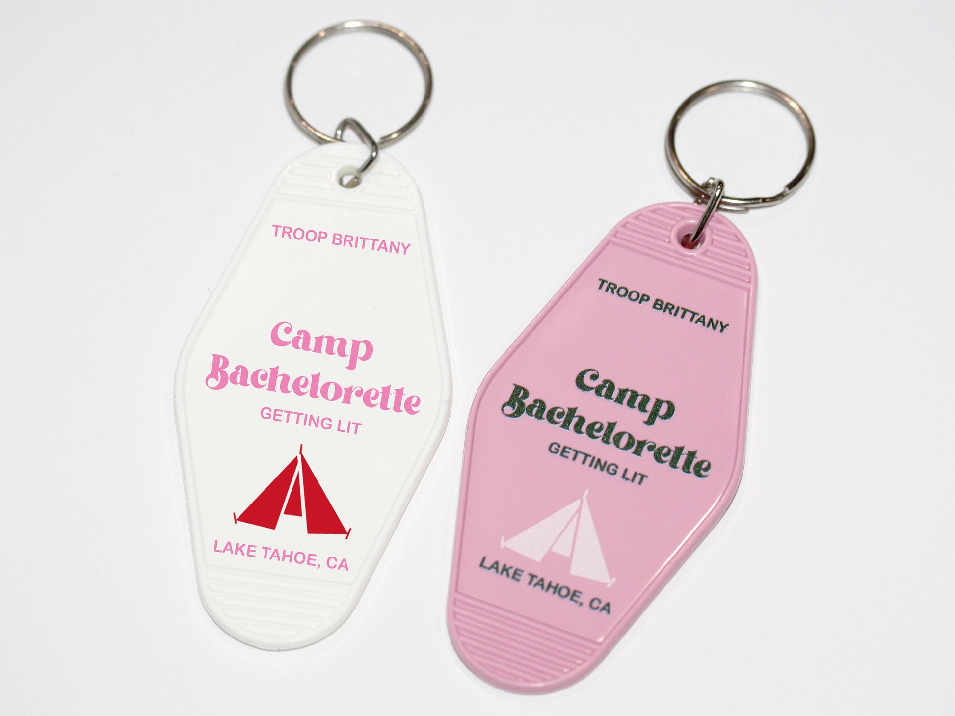 Set of 10 Camp Bachelorette Favors Retro Motel Keychains Custom Glamping Camping Outdoorsy Mountain Bach Adventure Asheville Lake House Tent