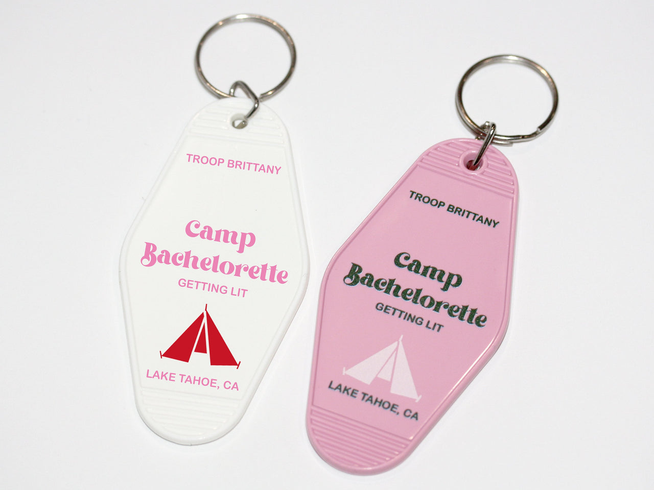 Set of 10 Camp Bachelorette Favors Retro Motel Keychains Custom Glamping Camping Outdoorsy Mountain Bach Adventure Asheville Lake House Tent