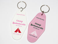 Thumbnail for Set of 10 Camp Bachelorette Favors Retro Motel Keychains Custom Glamping Camping Outdoorsy Mountain Bach Adventure Asheville Lake House Tent