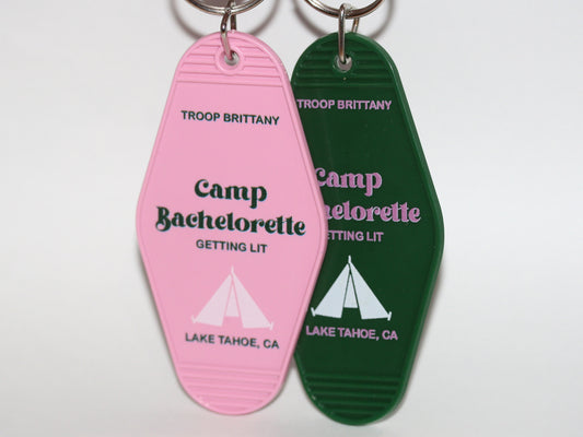 Set of 10 Camp Bachelorette Favors Retro Motel Keychains Custom Glamping Camping Outdoorsy Mountain Bach Adventure Asheville Lake House Tent