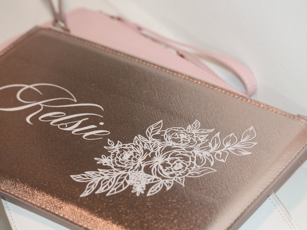 Personalized Vegan Leather Wristlet, Floral Name clutch rose gold bag Bridesmaids Gifts, Bridal Party Bags pleather envelope evening bag