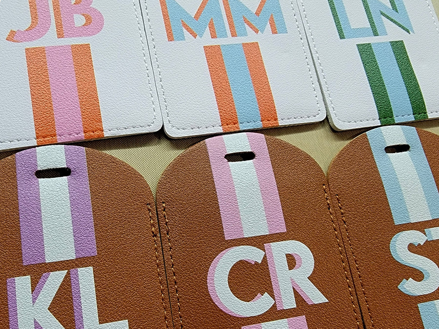 Personalized Shadow Monogram Vegan Leather Luggage Bag Tag in fun and colorful colors