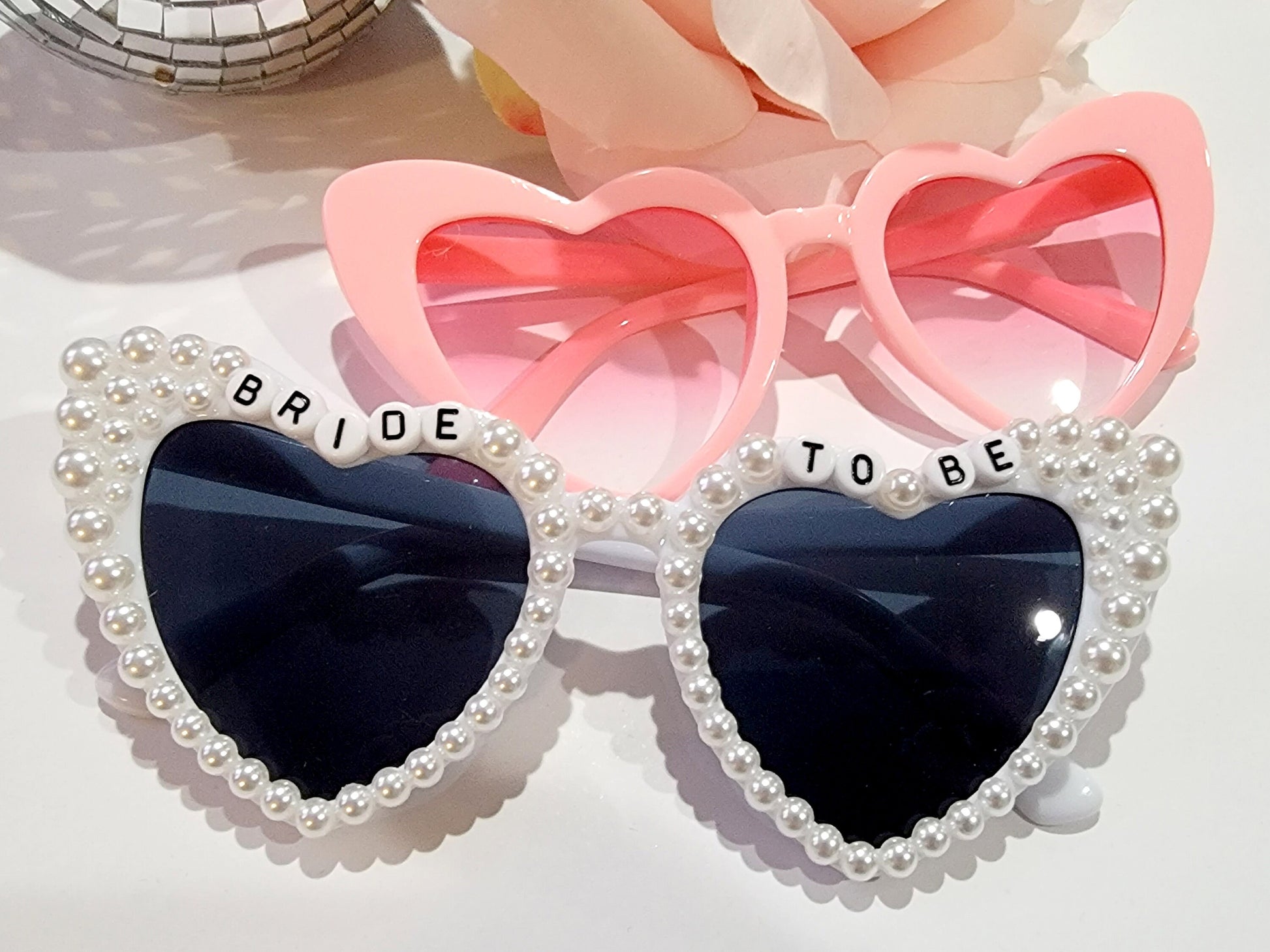 Bride to Be Heart Sunglasses with Pearls and Pink Retro Bridesmaid Sunglasses